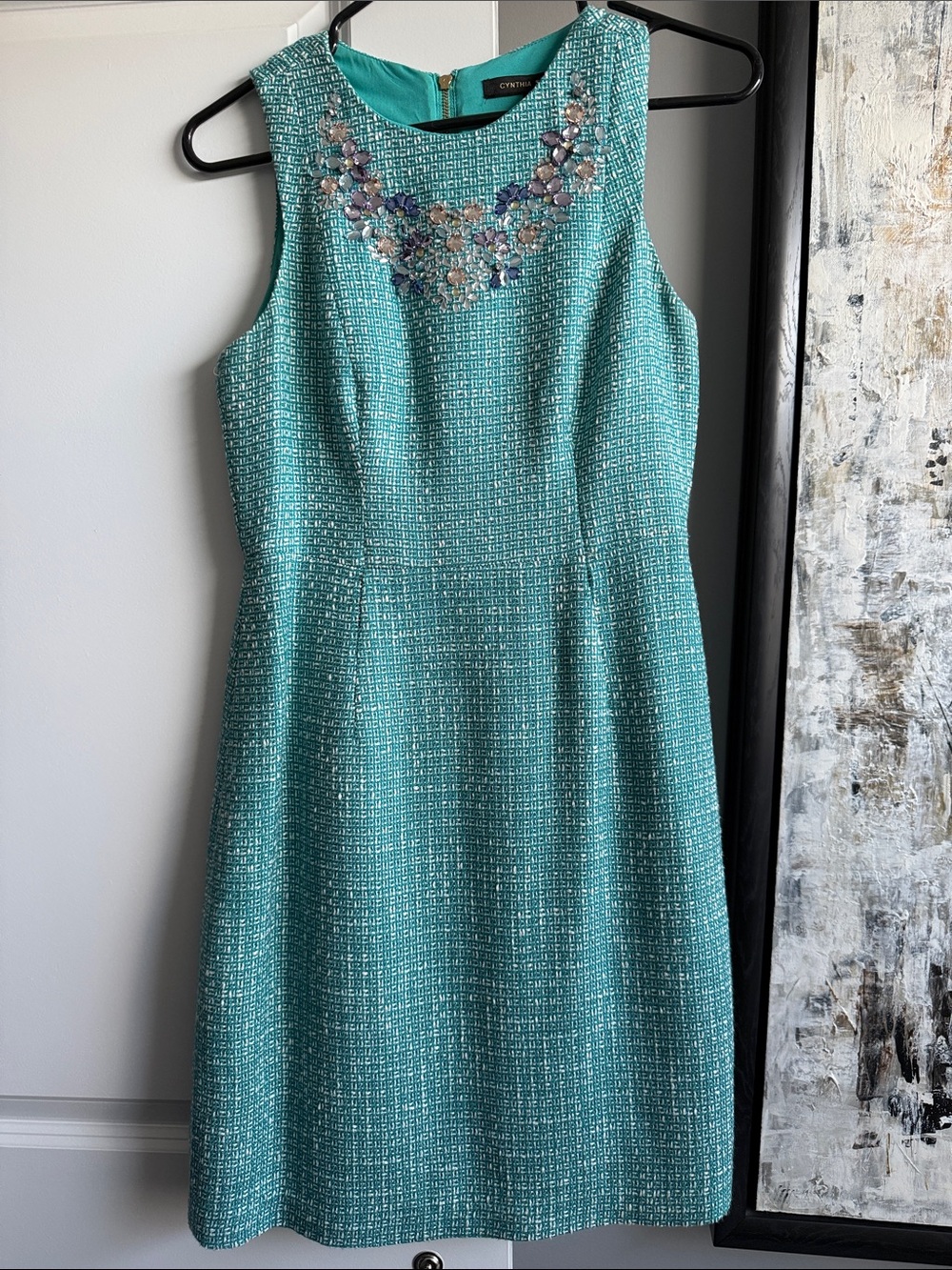 Cynthia Steffe Teal Tweed Sleeveless Jewel-Neck Dress